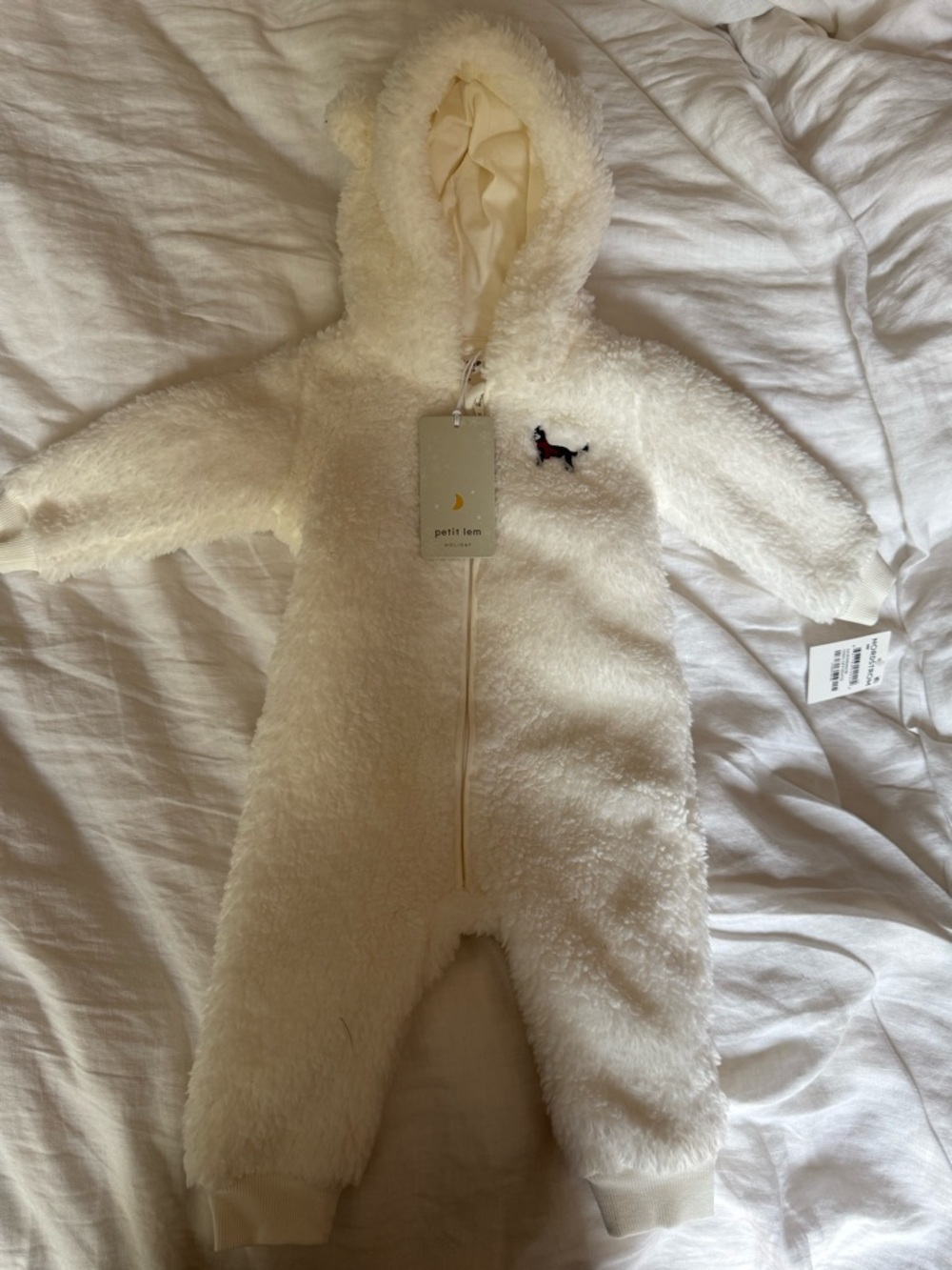 Petit Lem Cream Fleece Hooded Footie with Embroidered Dog